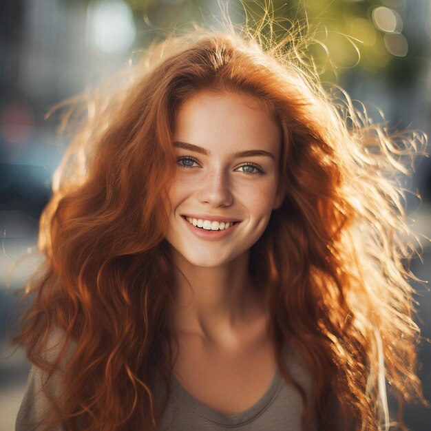 Een vrouw met rood haar en een grijs shirt glimlacht.