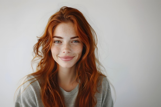 een vrouw met rood haar en een grijs shirt met een glimlach die zegt glimlach