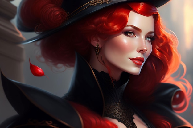 Een vrouw met rood haar en een hoed met een rode vlek op haar hoofd