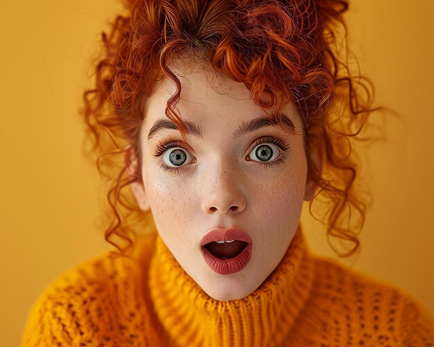 Foto een vrouw met rood haar en een oranje trui.