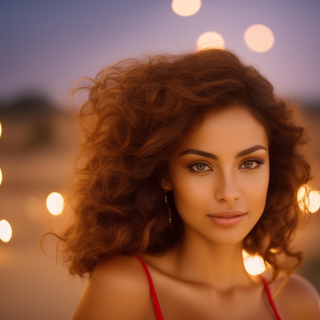 Een vrouw met rood haar en een rode jurk staat op een strand.