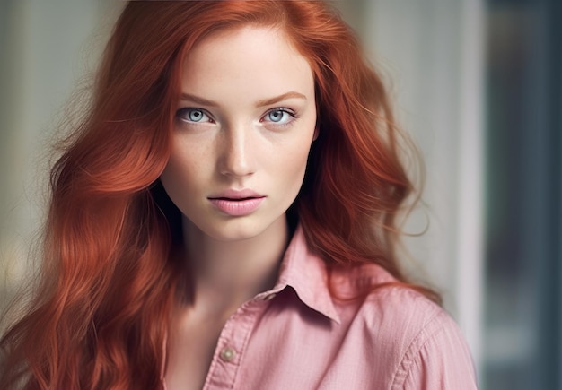 Een vrouw met rood haar en een roze shirt