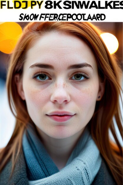 Foto een vrouw met rood haar en een sjaal op haar nek die naar de camera kijkt