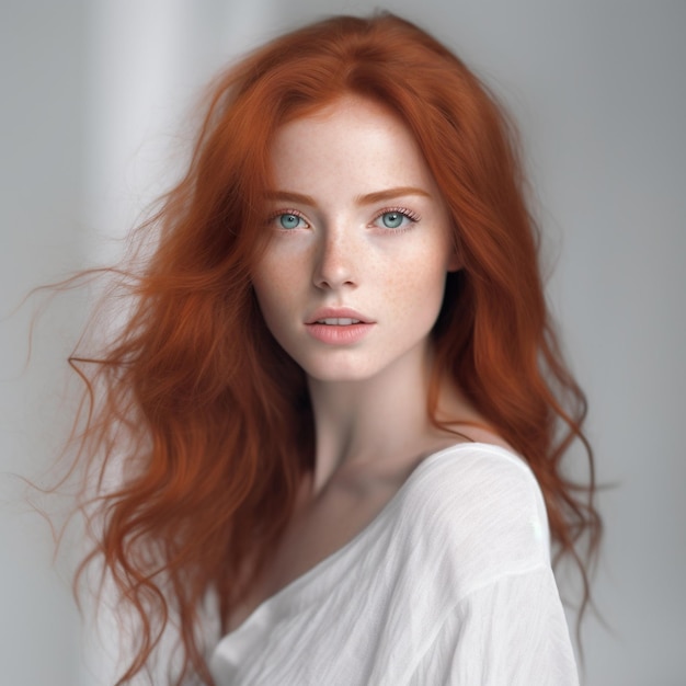 Een vrouw met rood haar en een wit overhemd met lang rood haar