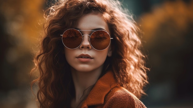 Een vrouw met rood haar en een zonnebril staat in een park.