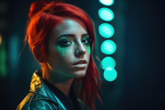 Een vrouw met rood haar en groene glitters op haar gezicht