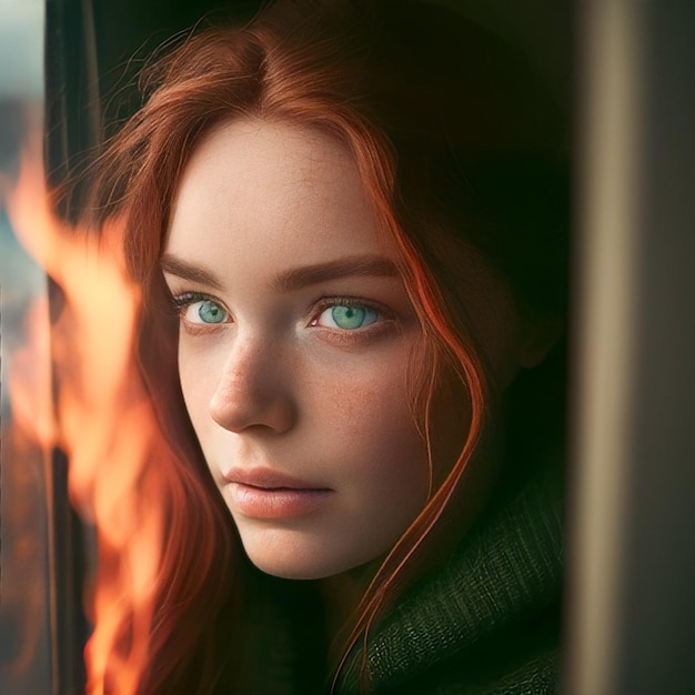 Een vrouw met rood haar en groene ogen kijkt uit een raam.