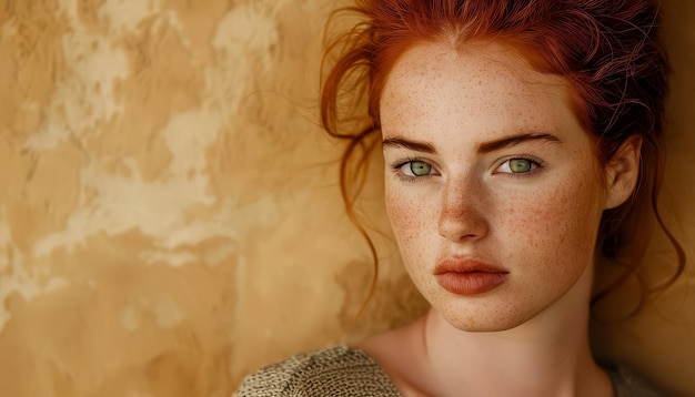 Een vrouw met rood haar en groene ogen.