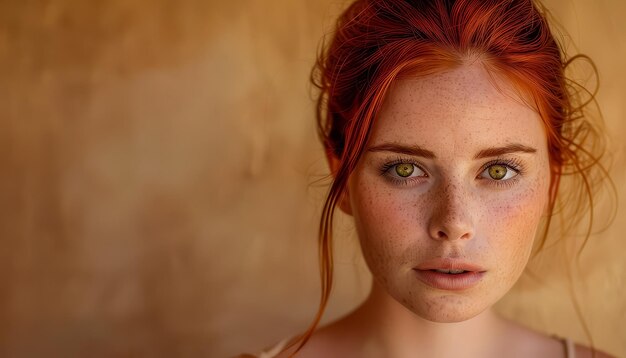 Een vrouw met rood haar en groene ogen.