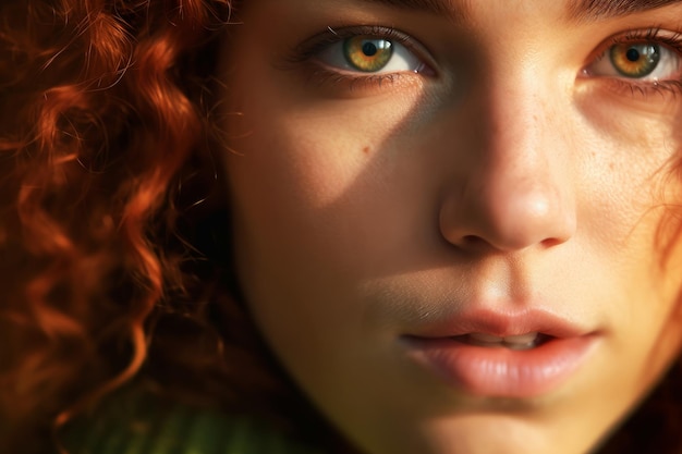 Een vrouw met rood haar en groene ogen