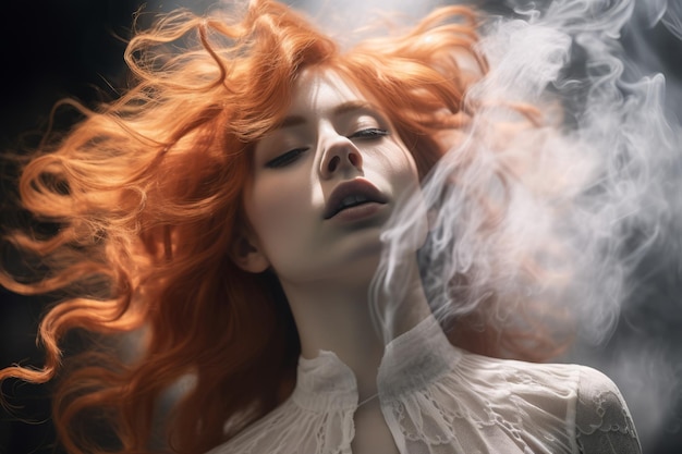 een vrouw met rood haar en rook die uit haar mond komt