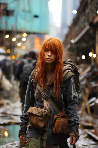 een vrouw met rood haar en rugzak die in een stad loopt