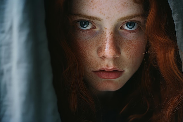 een vrouw met rood haar en sproeten kijkt in de camera