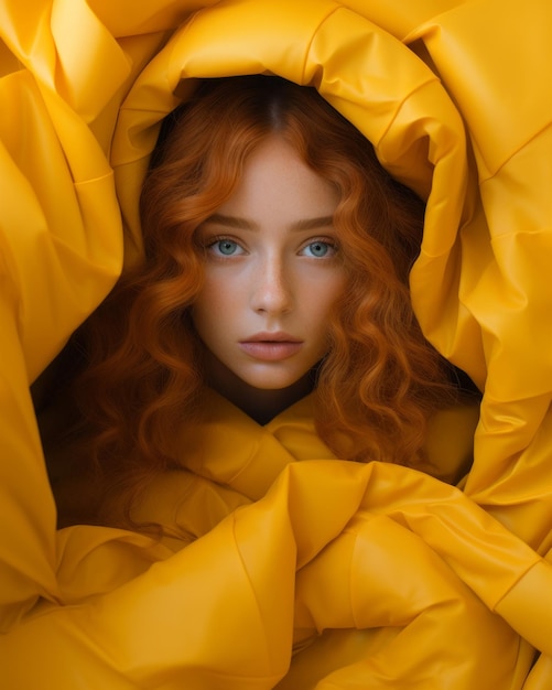 een vrouw met rood haar gewikkeld in een gele deken