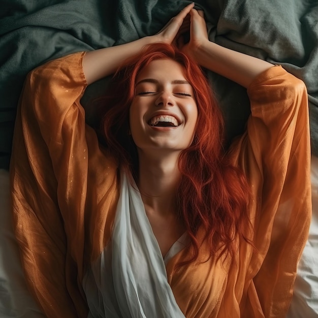 een vrouw met rood haar glimlacht en lacht