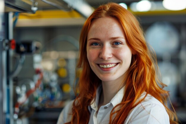 een vrouw met rood haar glimlacht voor een brandweerwagen