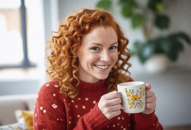 een vrouw met rood haar houdt een kop koffie vast