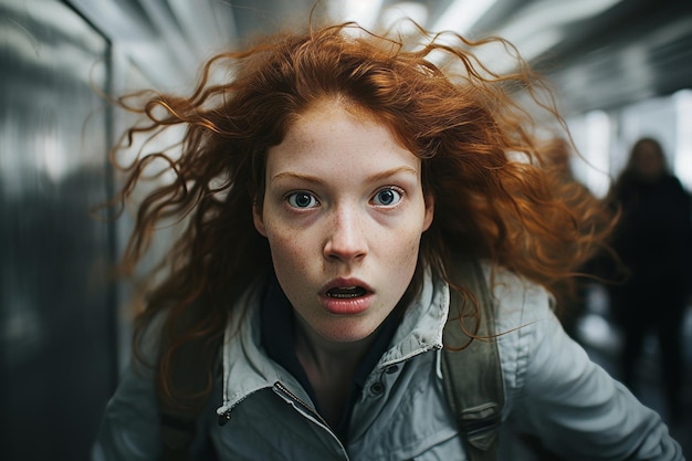 een vrouw met rood haar in een lift