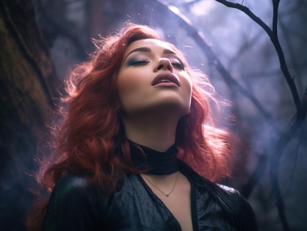 een vrouw met rood haar in het bos