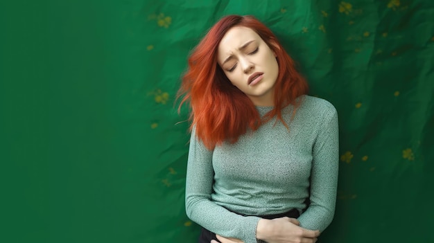 Een vrouw met rood haar ligt op een groene achtergrond met een groene achtergrond.