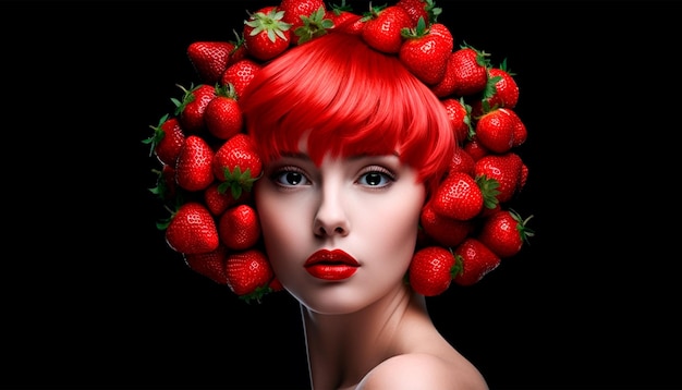 Een vrouw met rood haar met een aardbei op haar hoofd