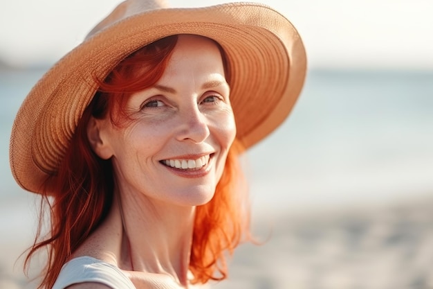 Een vrouw met rood haar met een hoed en een strohoed lacht naar de camera.