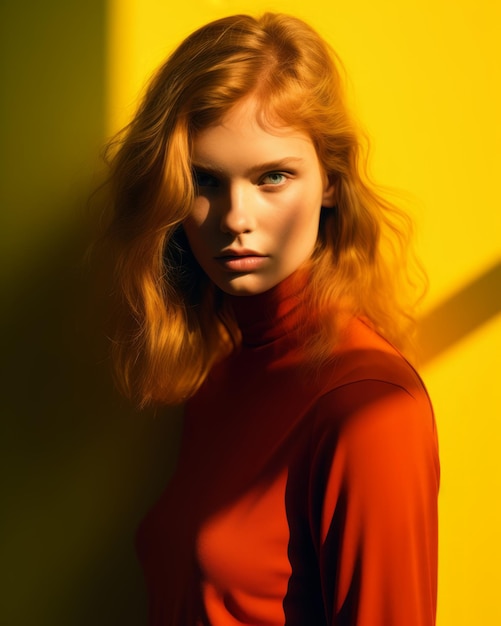 een vrouw met rood haar poserend voor een gele muur