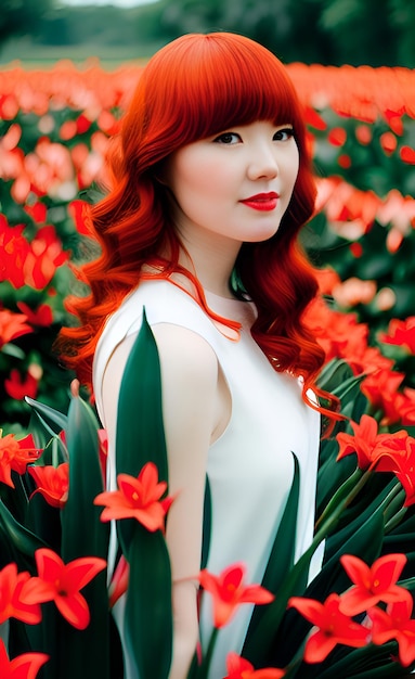 Een vrouw met rood haar staat in een bloemenveld.