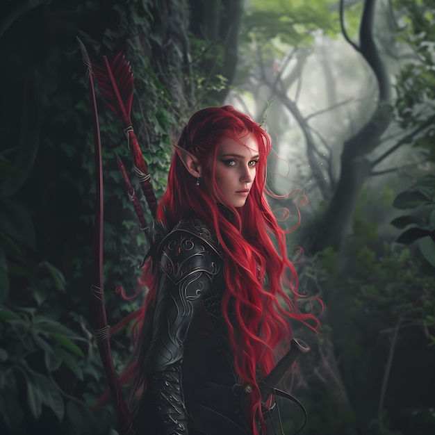 een vrouw met rood haar staat in een bos met een rood haar met een lang rood haar