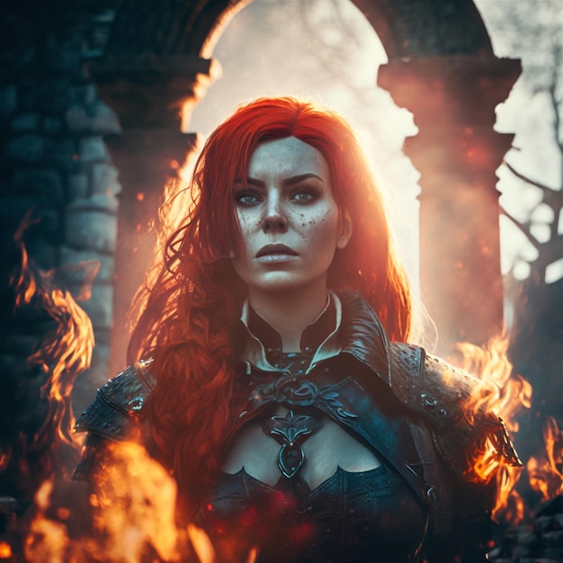 Een vrouw met rood haar staat voor een vuur met op de voorkant het woord vuur.