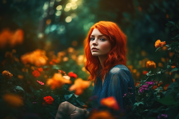 Een vrouw met rood haar zit in een veld met bloemen.
