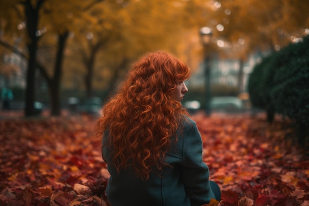 Een vrouw met rood haar zit op een stapel afgevallen bladeren in een park.