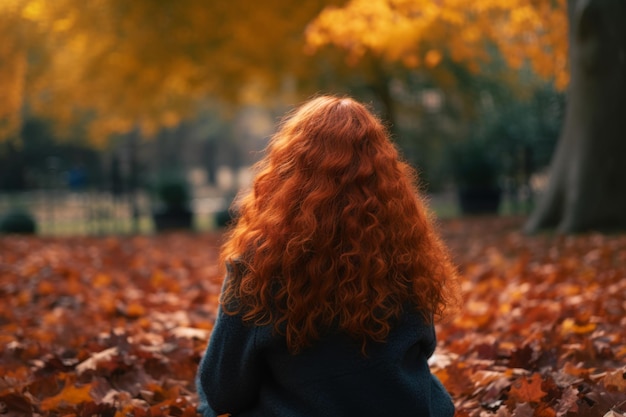 Een vrouw met rood haar zit op een stapel bladeren in een park.