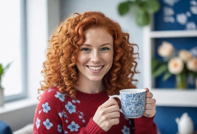 een vrouw met rood krullend haar die een kop koffie vasthoudt