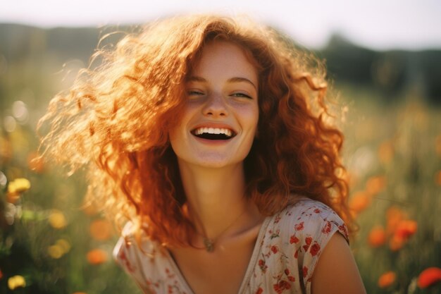 een vrouw met rood krullend haar glimlachend in een veld met bloemen