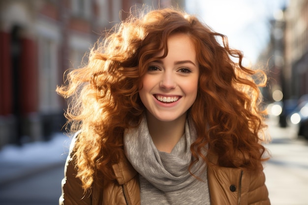 een vrouw met rood krullend haar glimlachend op straat