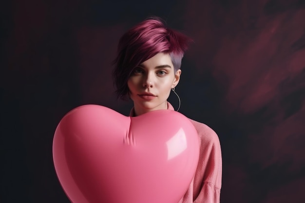 Een vrouw met roze haar die een hartvormige ballon generatieve AI vasthoudt