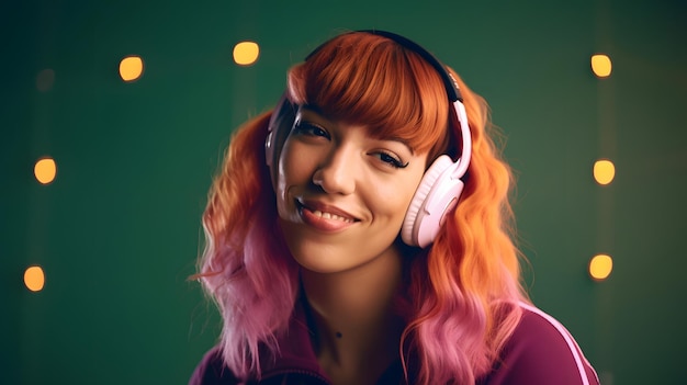 Een vrouw met roze haar die een koptelefoon draagt