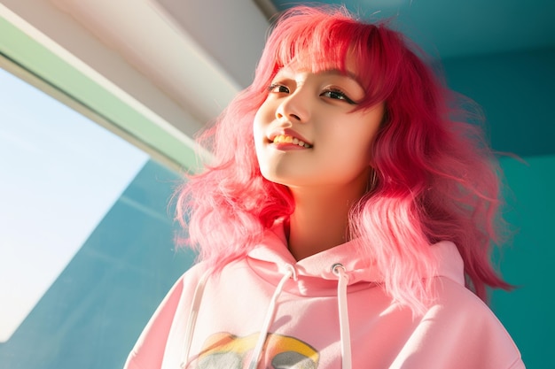 Foto een vrouw met roze haar die een roze hoodie draagt