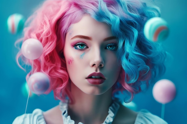 Een vrouw met roze haar en blauw haar met roze en blauw haar.