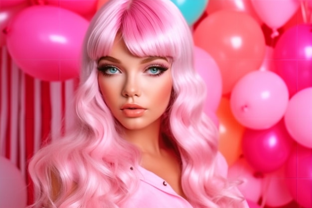Een vrouw met roze haar en blauwe ogen staat voor ballonnen.