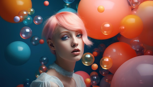 Een vrouw met roze haar en een blauwe achtergrond met ballonnen
