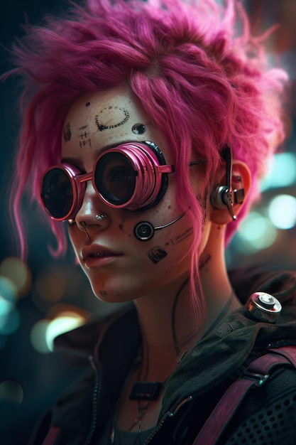 Een vrouw met roze haar en een bril met het woord cyberpunk op het gezicht