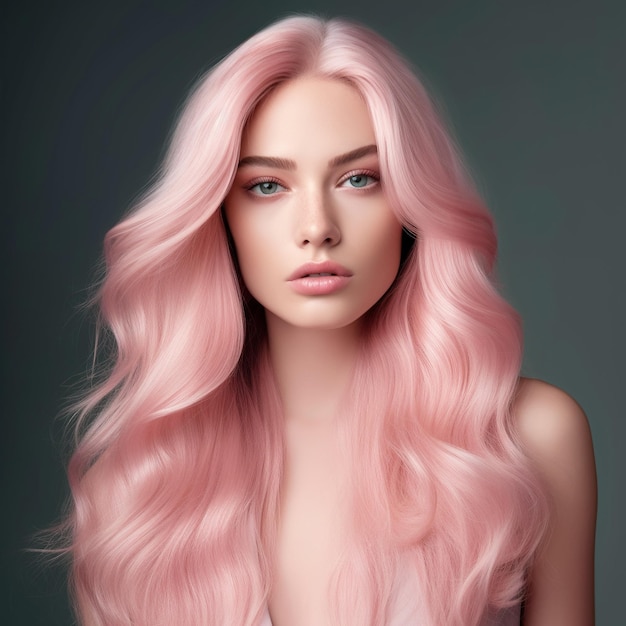 Een vrouw met roze haar en een roze haar met een zwarte achtergrond.