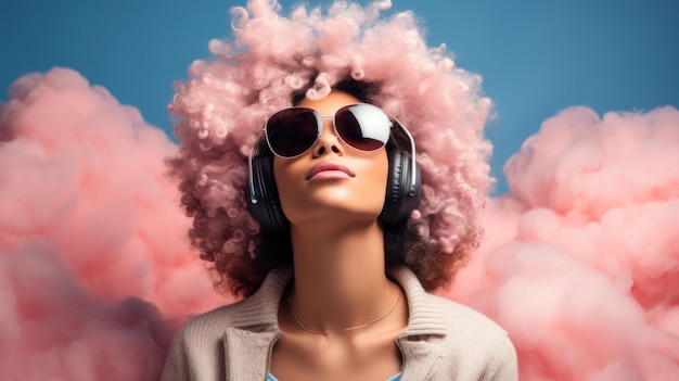 Een vrouw met roze haar en koptelefoon in de wolken ai