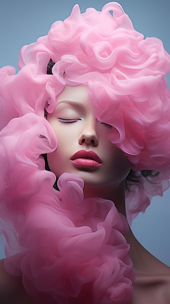 een vrouw met roze haar en roze haar bedekt met roze veren