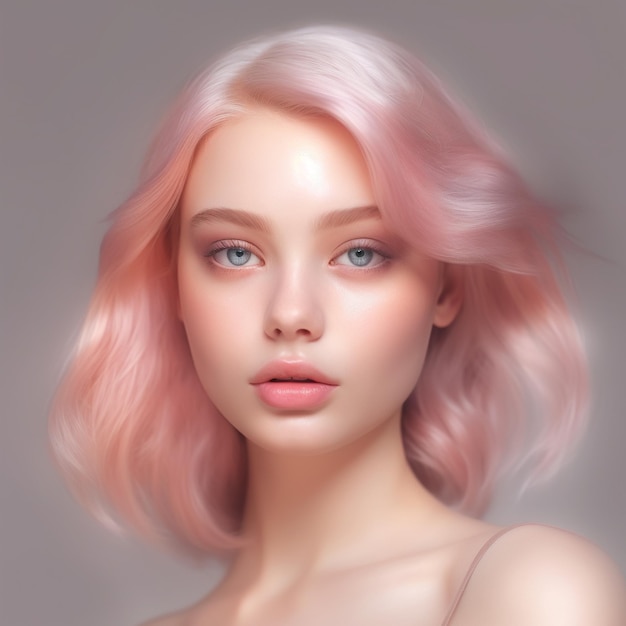 een vrouw met roze haar en roze haar wordt getoond met een foto van een model.