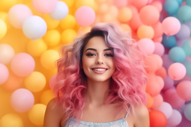 Een vrouw met roze haar met regenbooghaar