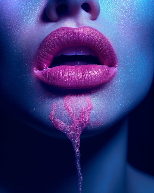 Een vrouw met roze lippen en een blauwe lip met een kronkelende stroom vloeistof die uit haar mond komt.