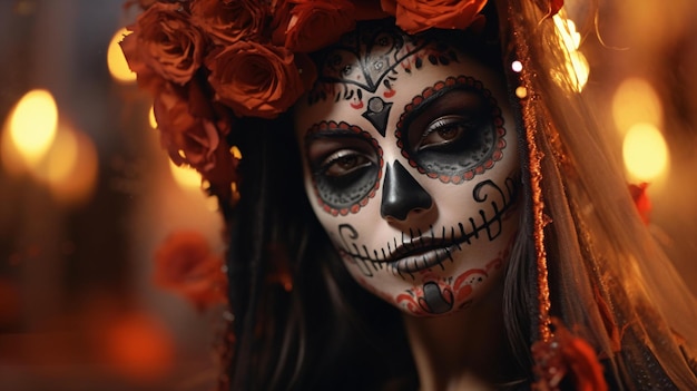 Een vrouw met skeletmake-up en bloemen in haar haar